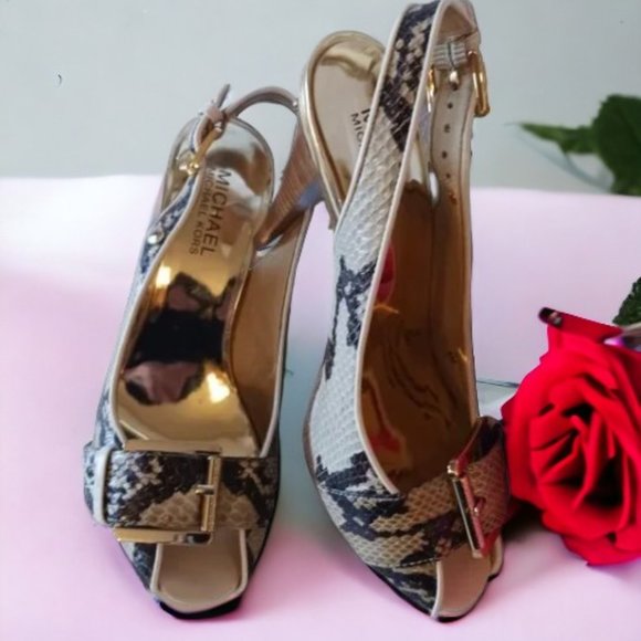 Michael Kors Niki Snake Leather Open Toe Buckle Platform Slingback Heels… - Picture 1 of 13